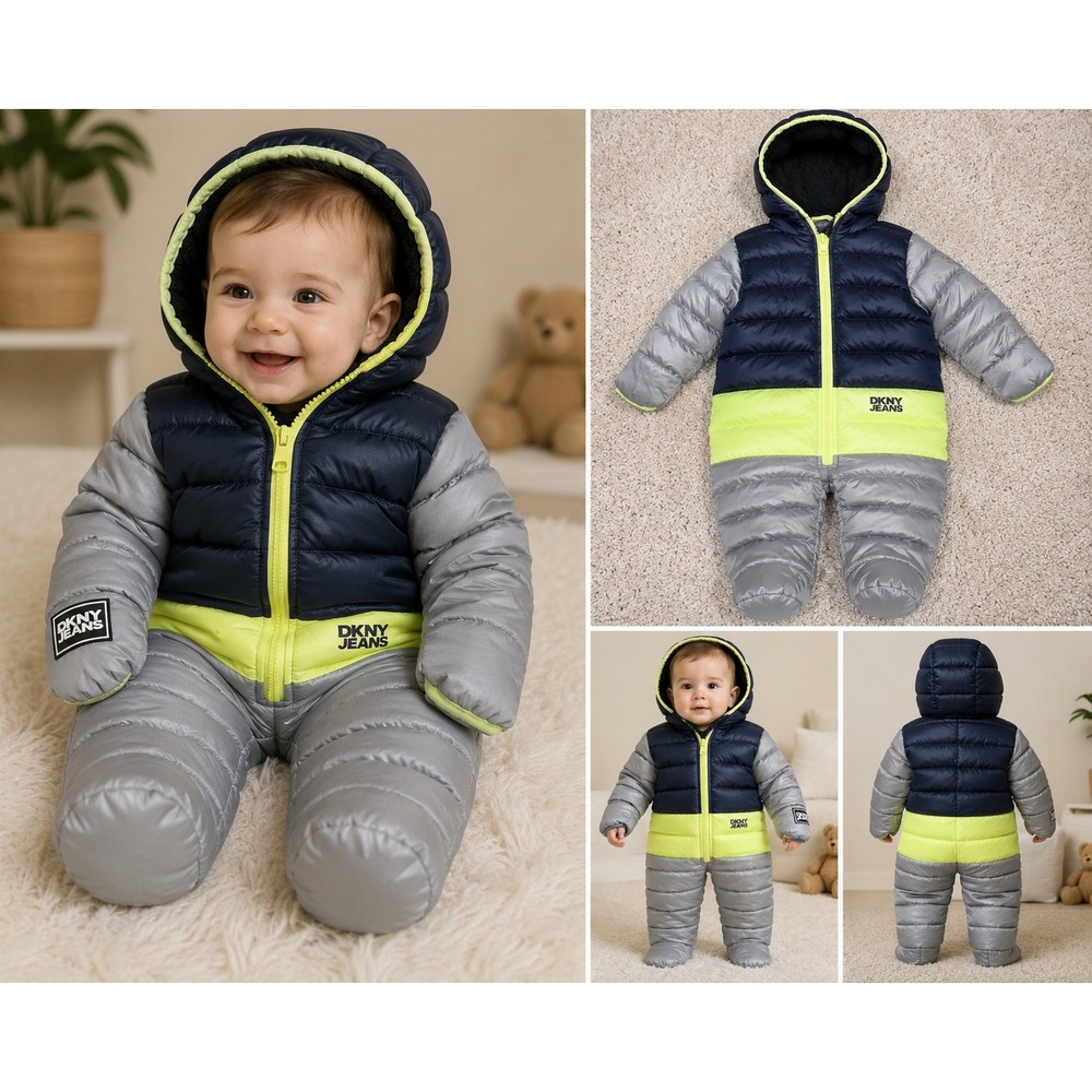 DKNY Jeans Baby Puffer Pram Suit Navy Silver Neon Bunting Fleece Lined 6/9M